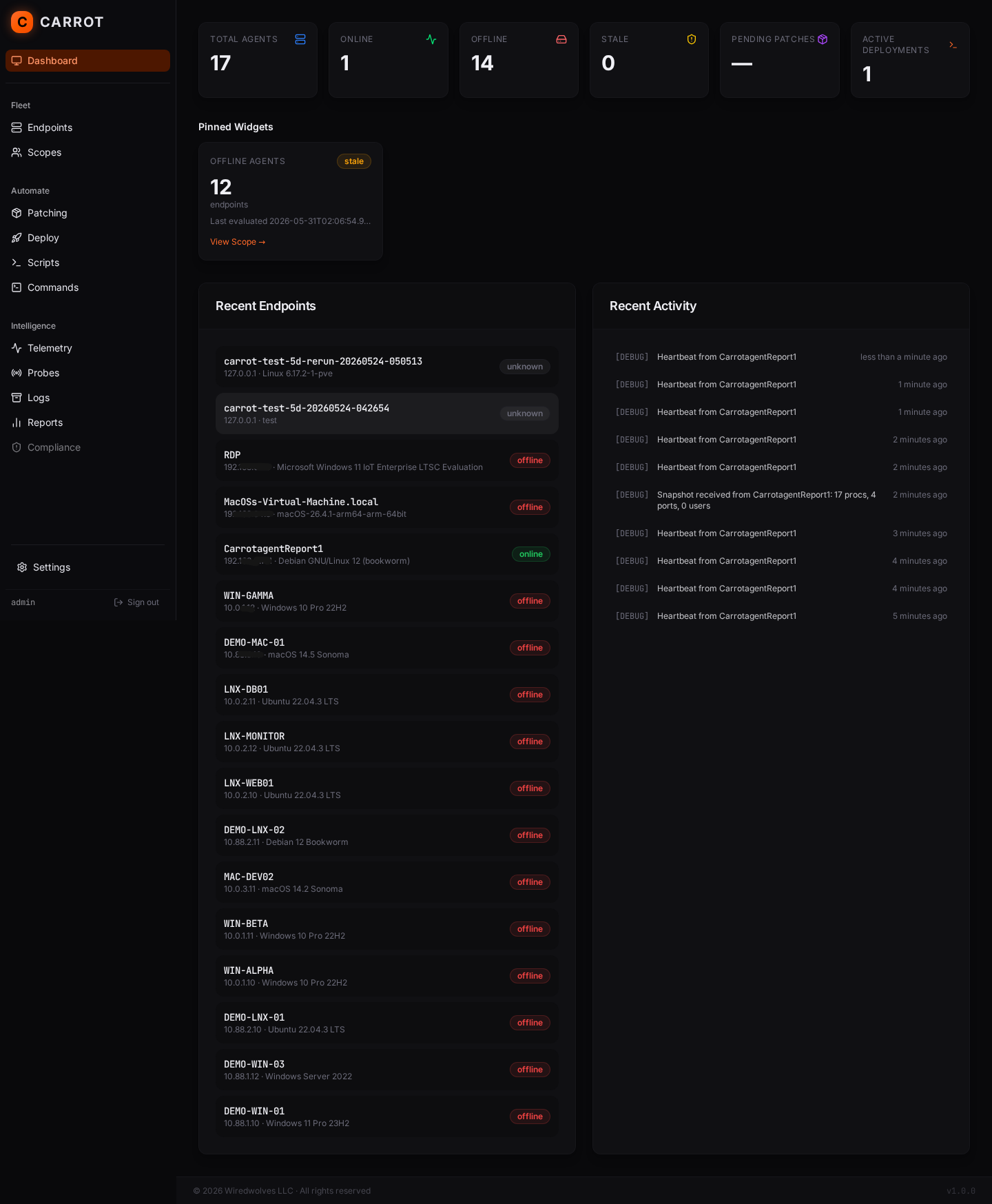 Carrot dashboard showing agent counts, pinned widgets, recent endpoints, and a live activity feed.