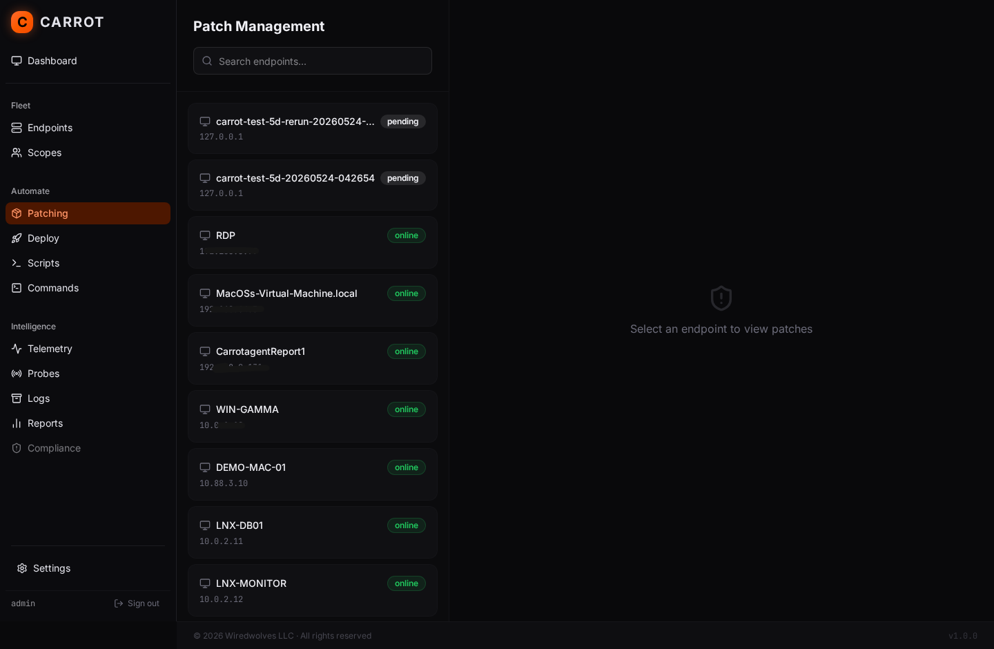 Carrot patch management screen listing endpoints and their patch status.
