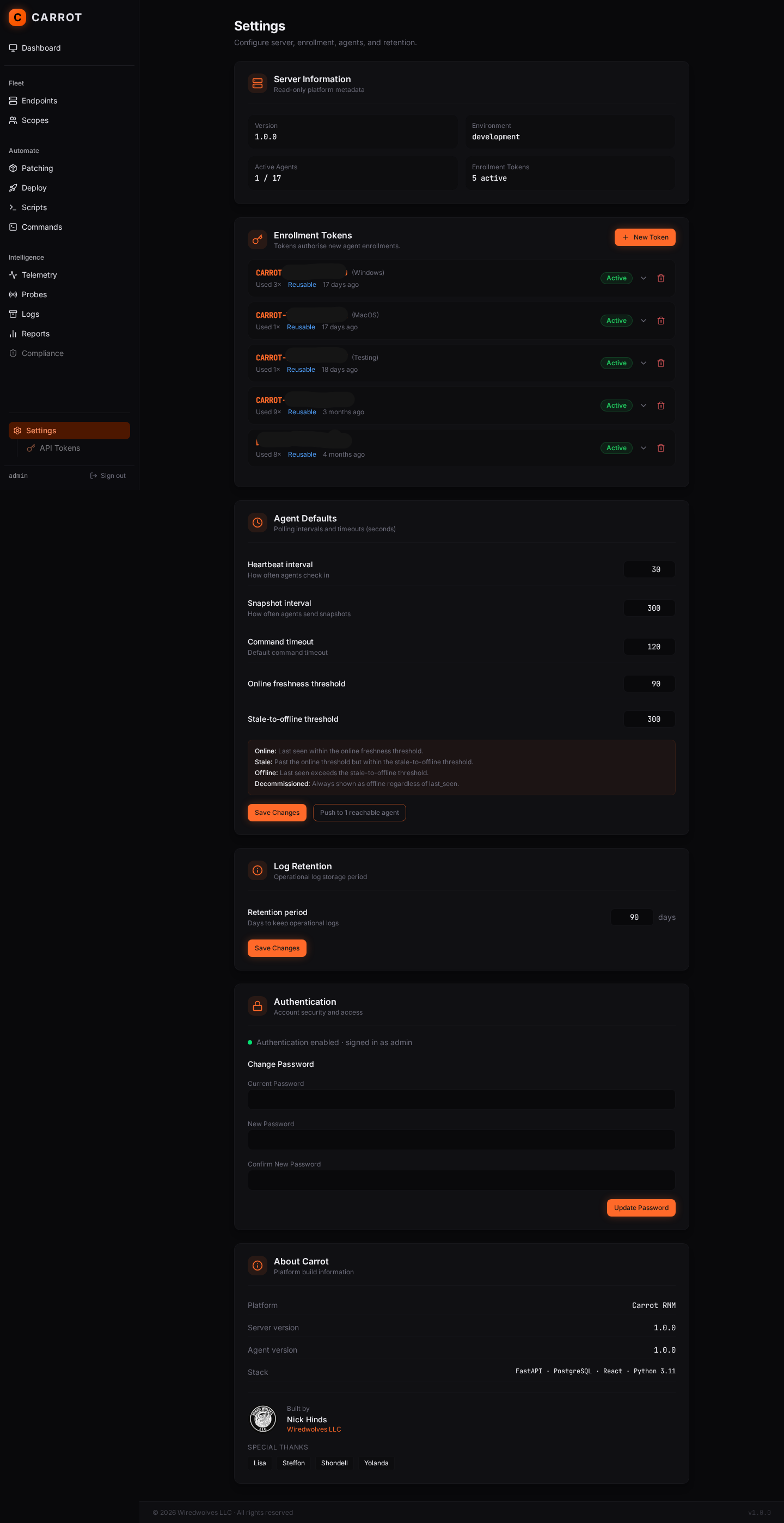 Carrot settings screen showing server info, enrollment tokens, agent defaults, log retention, and authentication.