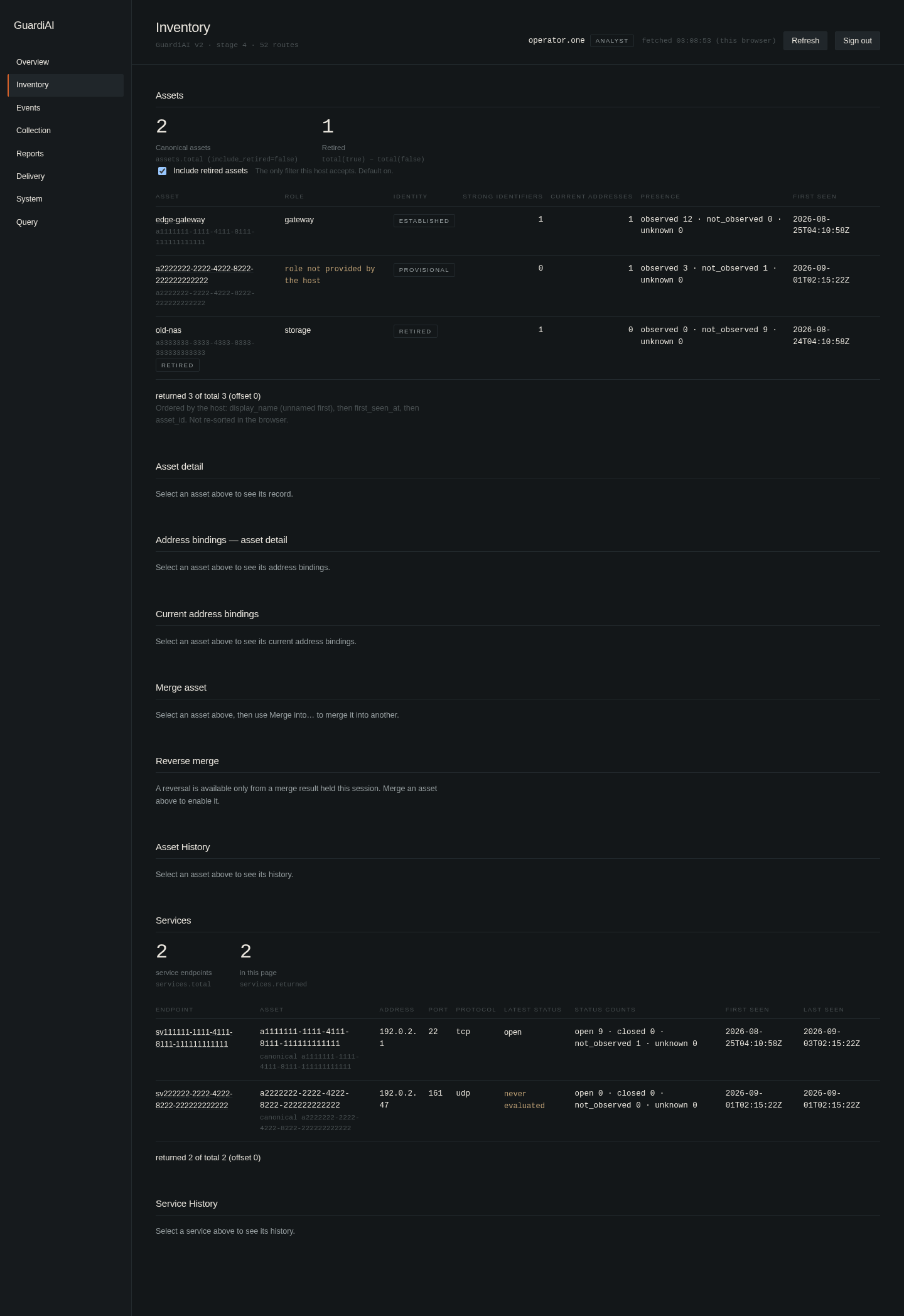 GuardiAI inventory screen listing assets and services with identity state and address bindings