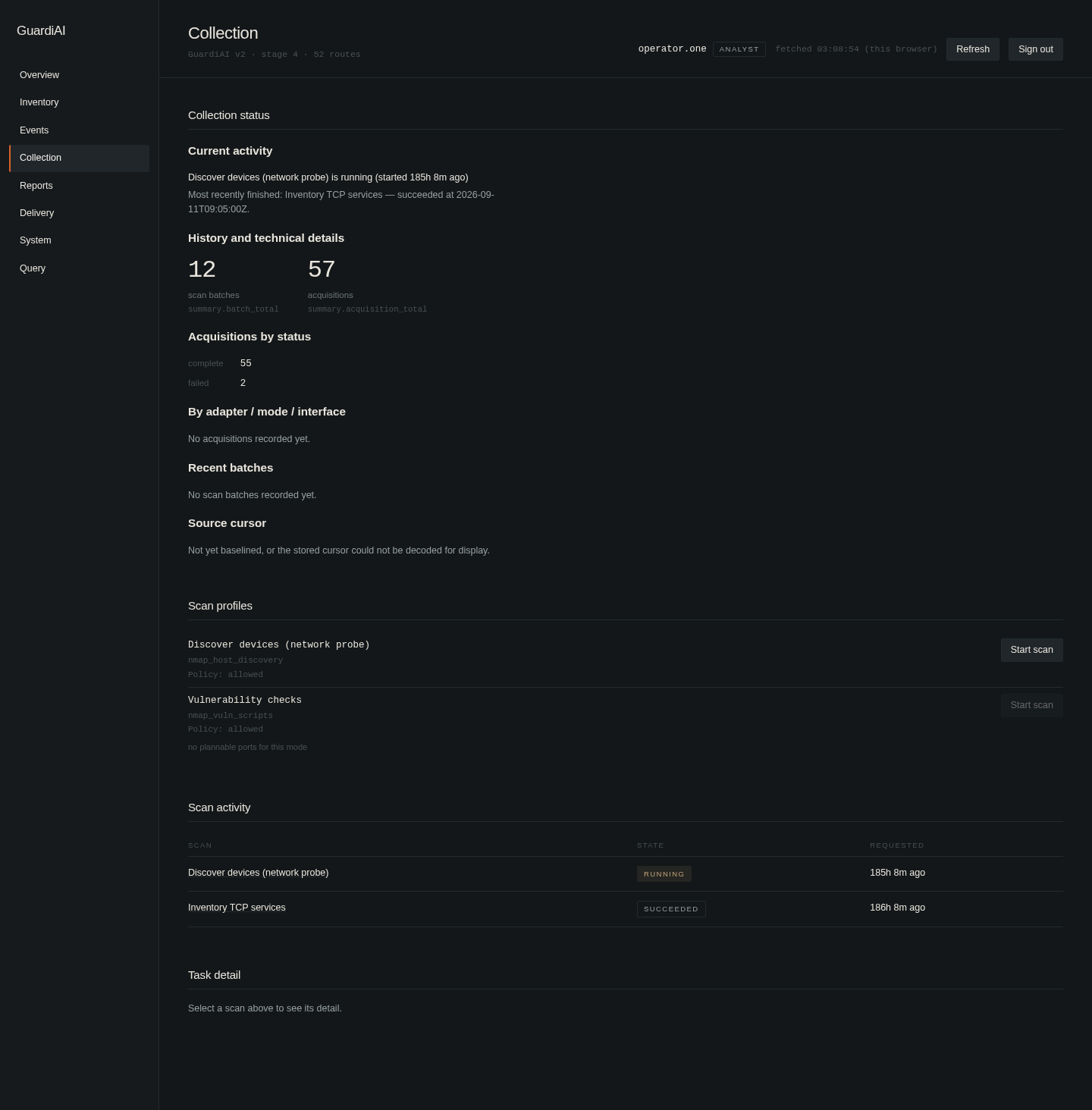 GuardiAI collection screen showing scan profiles, scan activity, and acquisition history