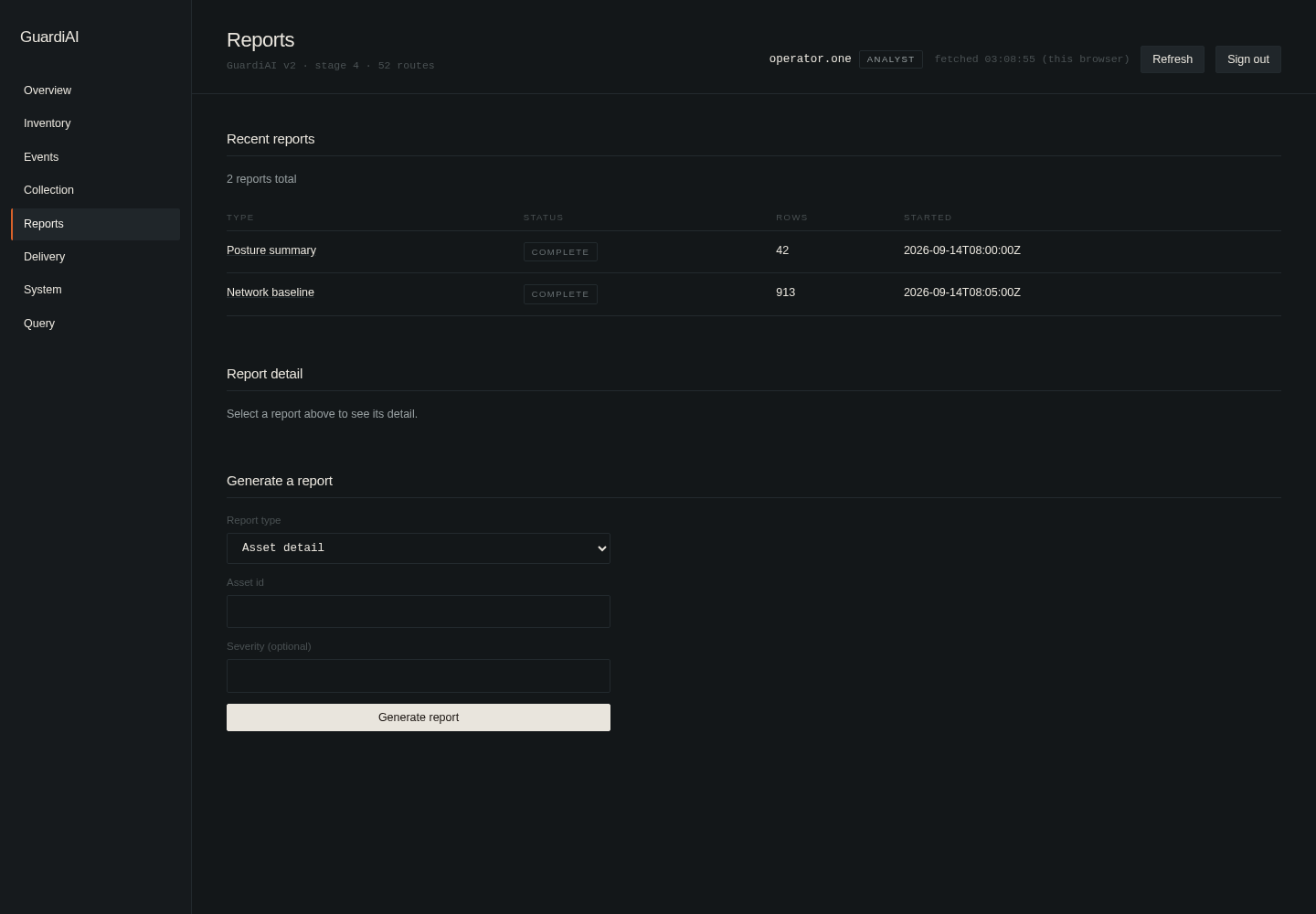 GuardiAI reports screen showing recent report runs and a report generation form