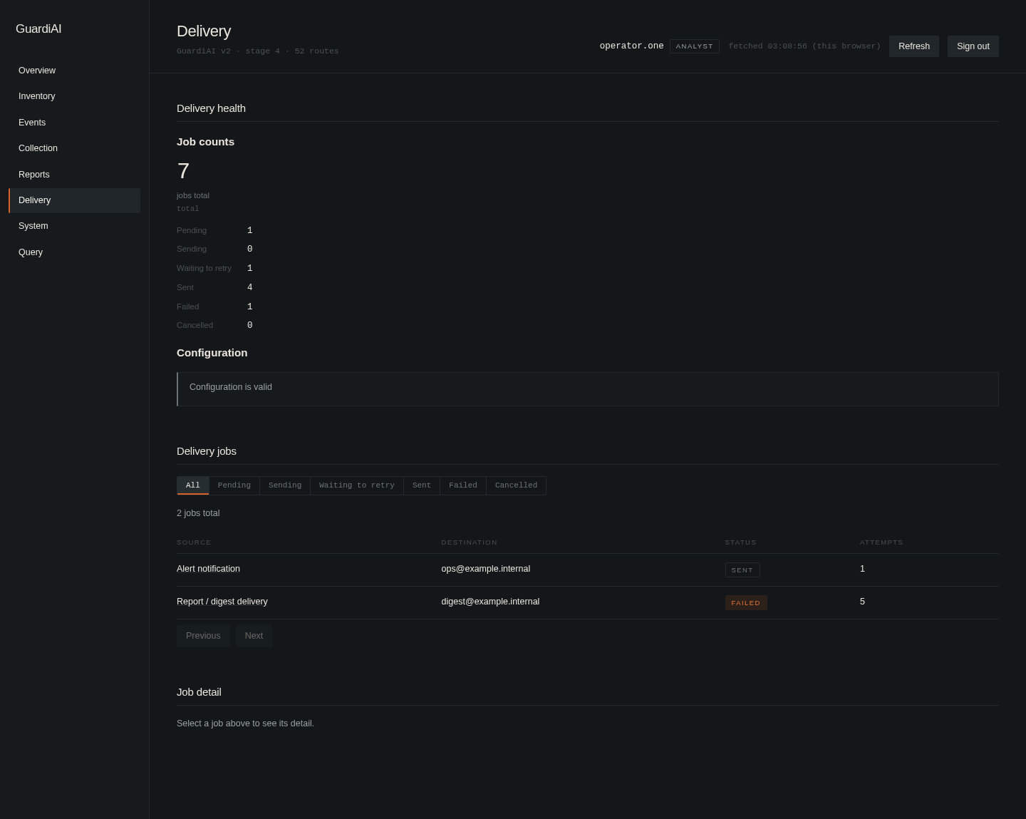 GuardiAI delivery screen showing the email job queue with status and attempt counts