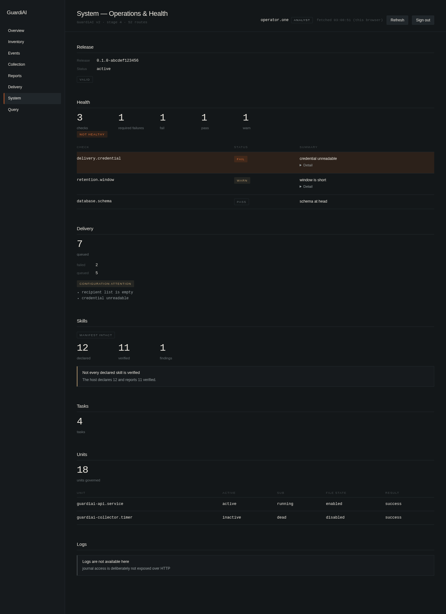 GuardiAI system operations and health screen showing release status, health checks, skills, tasks, and governed units