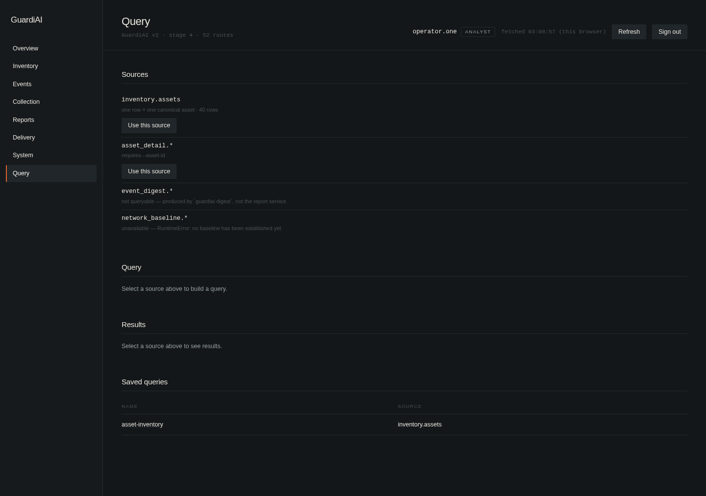 GuardiAI query screen showing available data sources and a query builder