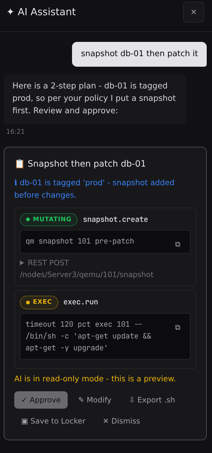The AI assistant panel showing a two step plan to snapshot db-01 and then patch it, with approve, modify, export and dismiss buttons