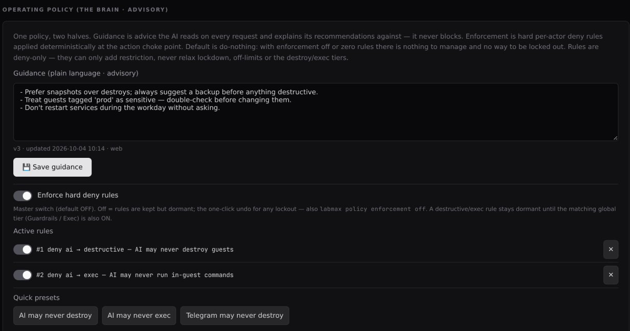 The operating policy settings with plain language guidance and two active deny rules for the AI