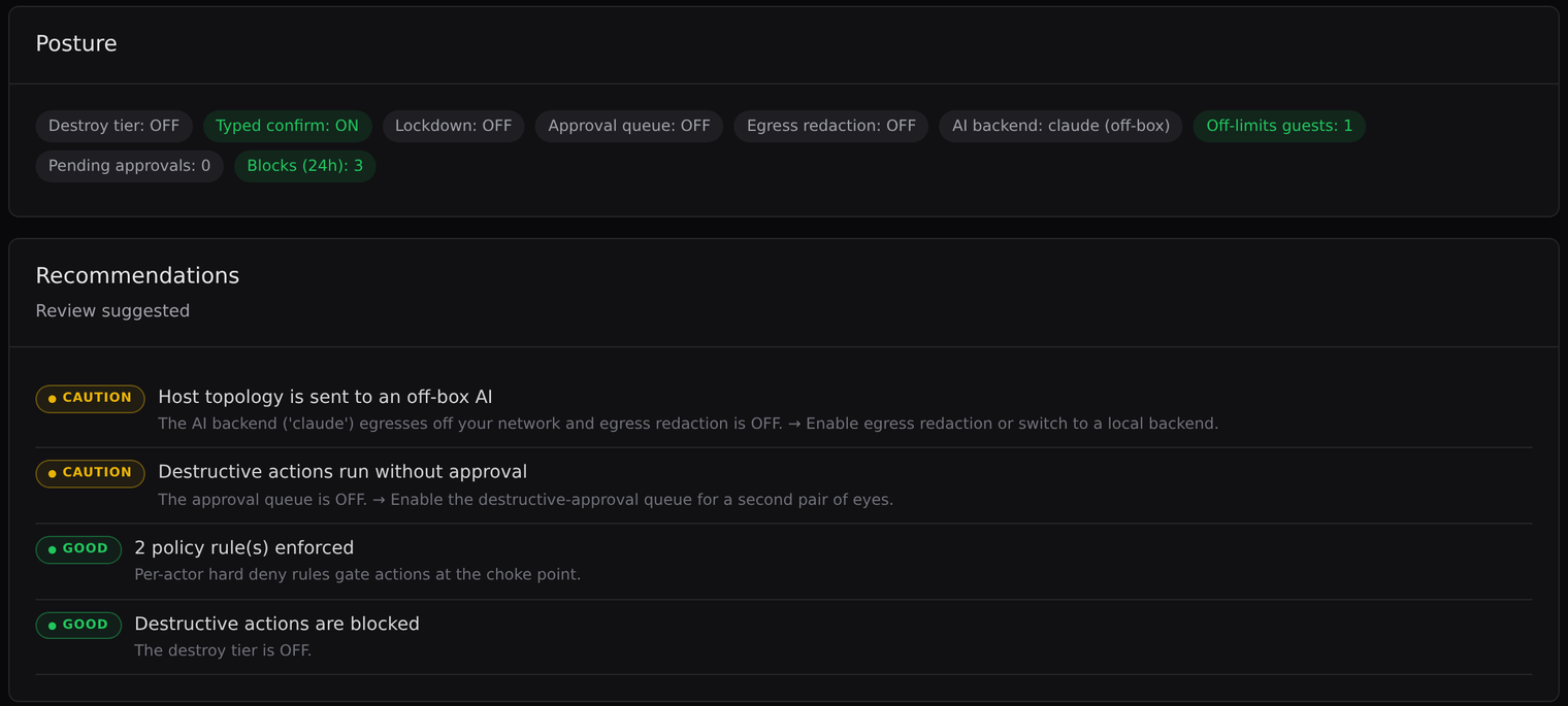 The Security page with posture chips and a list of cautions and good findings