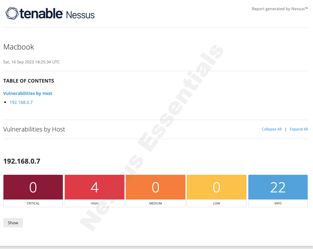 Nessus report for the MacBook scan: 0 critical, 4 high, 0 medium, 0 low, 22 informational.