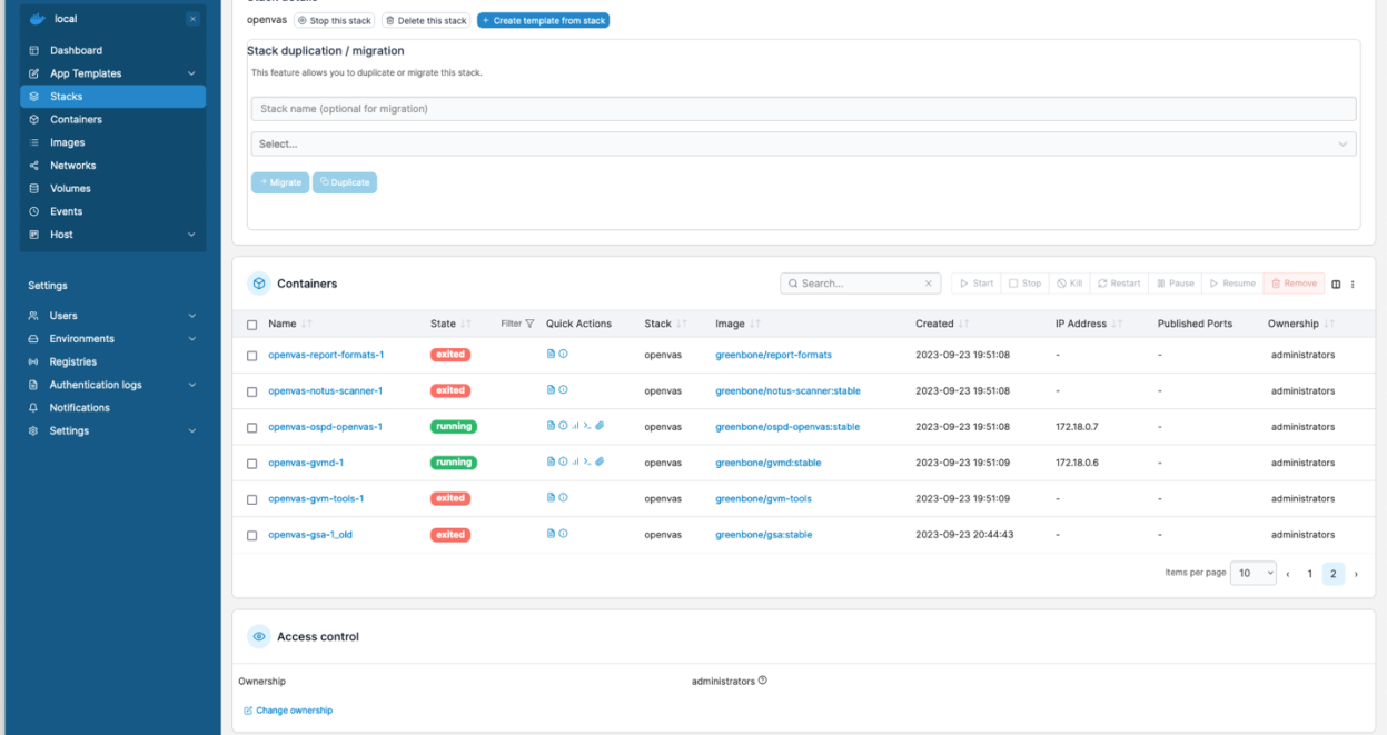 Portainer showing the OpenVAS container stack with report formats, scanner, ospd, gvmd, and gsa containers.