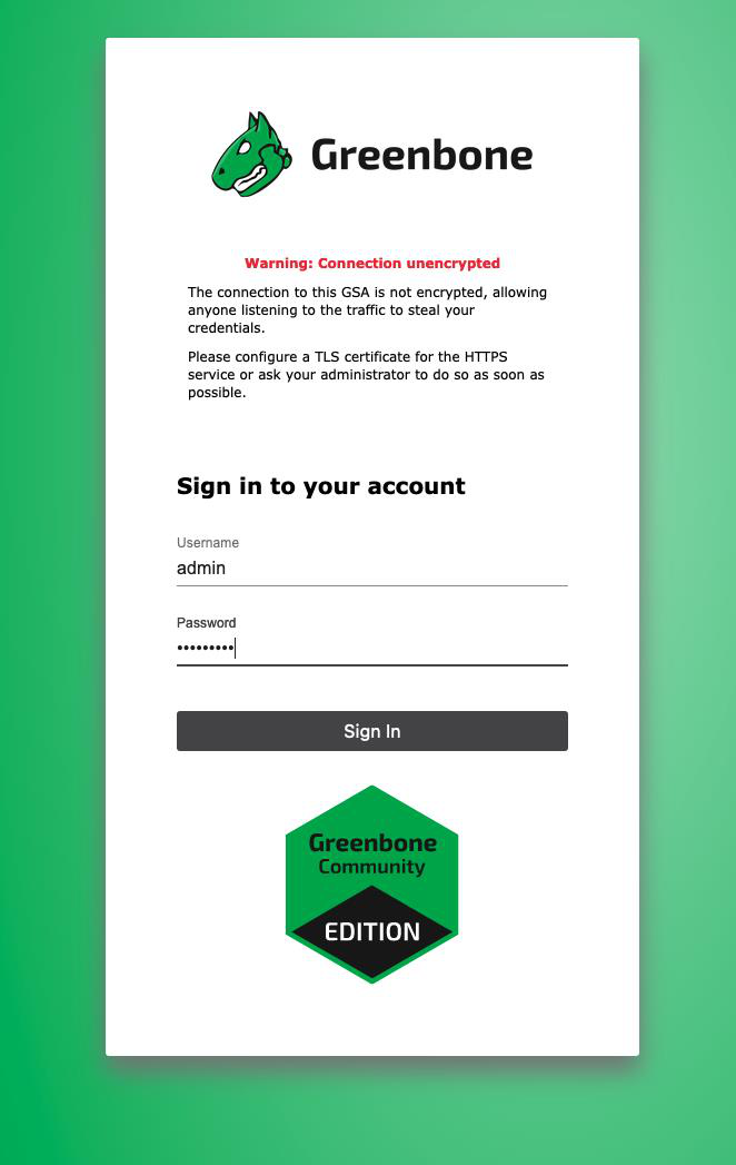 Greenbone Security Assistant sign-in screen.