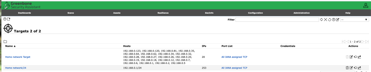 Greenbone targets list showing the home network scan targets and host counts.