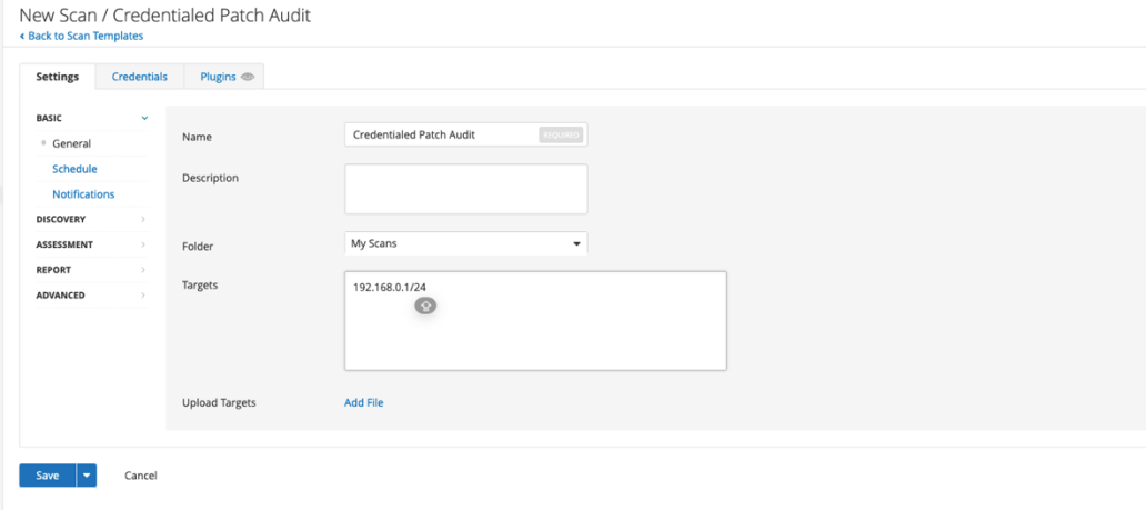 Nessus new scan setup showing the Credentialed Patch Audit template and target IP range.