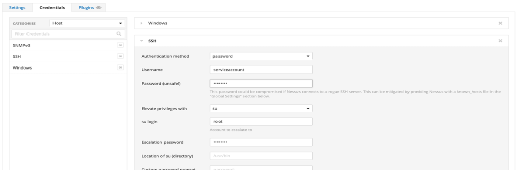Nessus credentials configuration for Windows and SSH.