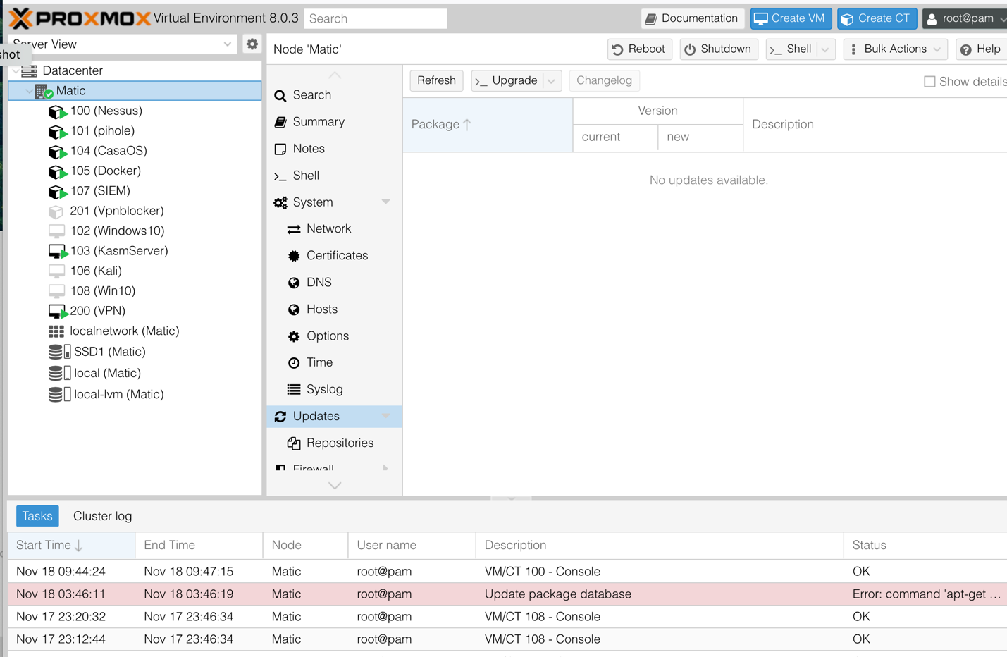 Proxmox host showing the SIEM VM alongside the rest of the homelab VMs and containers.